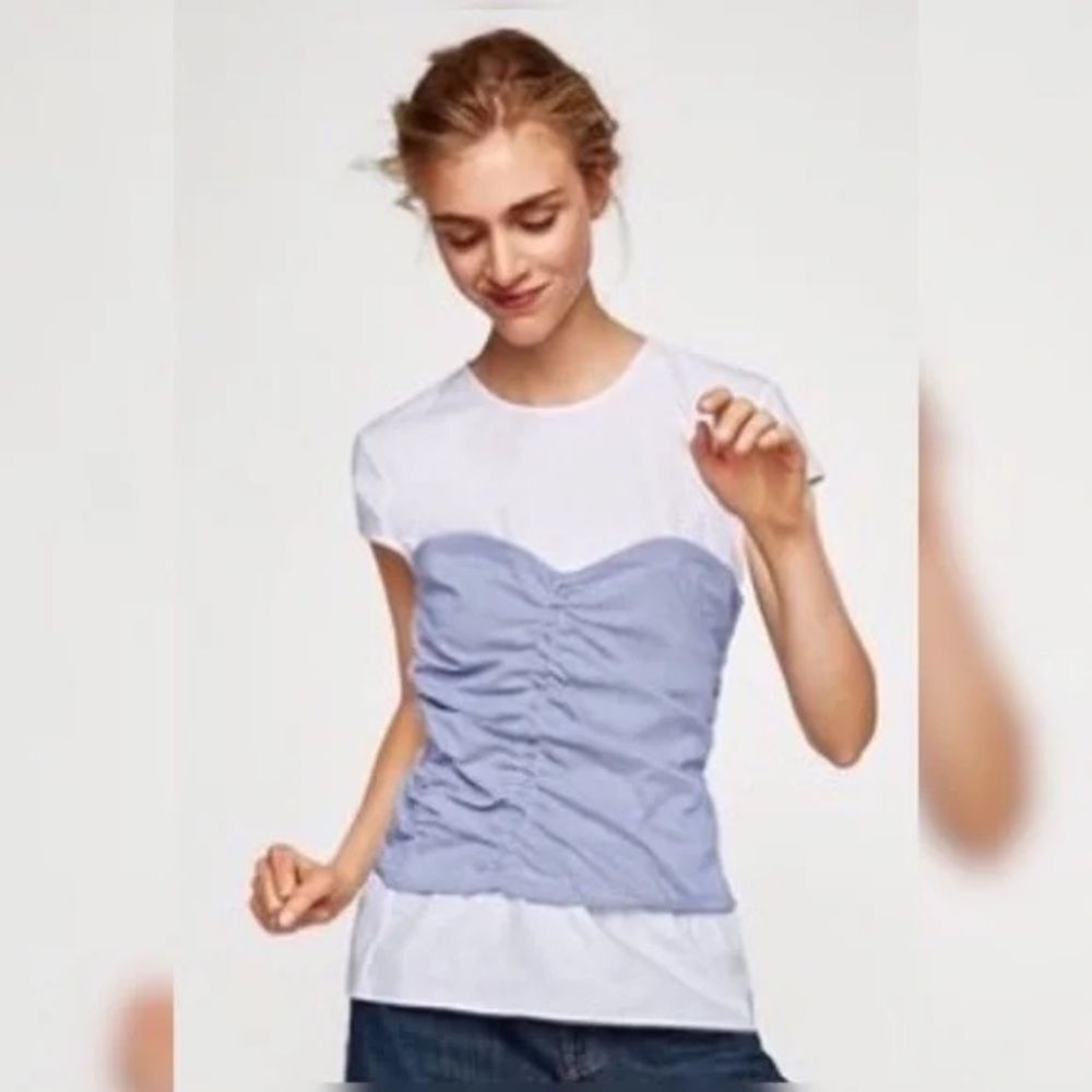 Zara White and Light Blue Ruched Front Short Sleeve Top